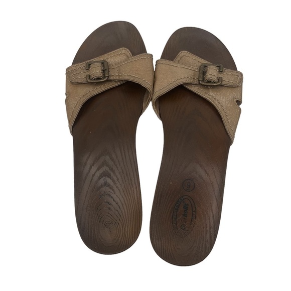 Dr Scholl's Brown Classic Slip On Faux Wood Grain Heeled Sandals Size 9 Women's - Picture 3 of 8